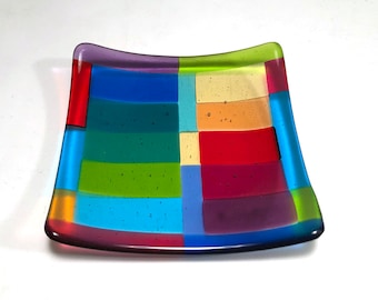 Dorothy Hafner fused glass plate, “Color Play”, colorful, festive contemporary design, 6" x 6 ", unique, signed, dated, collectible