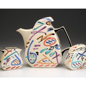 Dorothy Hafner colorful tea set, 3pc. handmade porcelain, 1980s Post-Modern design, Memphis Style, one-of-a-kind, signed, dated