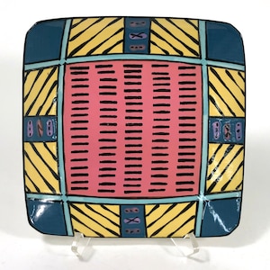 Dorothy Hafner 8” square plate, handmade porcelain, “Carnival” pattern,  Memphis style, Postmodern design, signed, rare, collectible