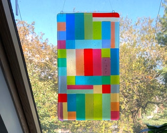 Dorothy Hafner art glass panel, 12” x 7”, “Color Play”, 12-A. Glass Window Art. Contemporary, colorful, modernist, handmade.