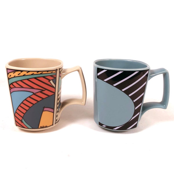 Dorothy Hafner colorful Flash mugs by Rosenthal, Post-Modern Design, Memphis Era style, assorted patterns, perfect condition.