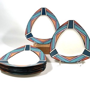 Dorothy Hafner set di piatti da dessert da 8&quot;, porcellana fatta a mano, stile postmoderno degli anni &#39;80, moderno Mid-Century, raro da collezione firmato e datato