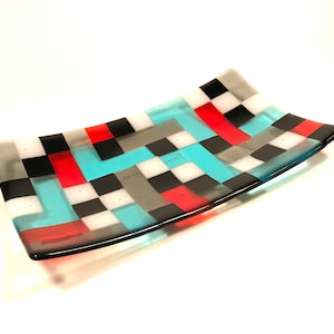 Dorothy Hafner kunstglazen dienblad, &#39;Color Play&#39;, kleurrijk, feestelijk, eigentijds design, 12 x 7 inch, uniek, gesigneerd, gedateerd, verzamelobject
