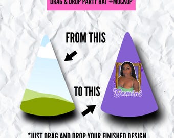 May include: A party hat mockup with a before-and-after design. The left hat is a landscape scene, and the right hat is purple with a photo and the word "Gemini". Text reads "DRAG & DROP PARTY HAT + MOCKUP" and "JUST DRAG AND DROP YOUR FINISHED DESIGN."