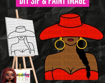 May include: A DIY Sip & Paint image featuring a woman in a red hat and dress with gold hoop earrings. The image is next to a canvas with a black and white outline of the same woman. The text "DIY SIP & PAINT IMAGE" is at the top.