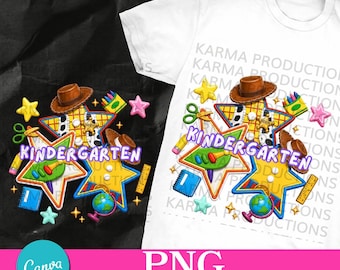 May include: A white t-shirt featuring a colorful graphic with the text KINDERGARTEN in purple letters. The design includes yellow stars, a brown cowboy hat, a green globe, scissors, crayons, a ruler, and a blue notebook on a white background.