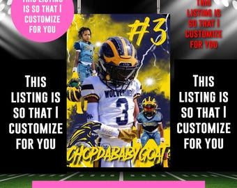 May include: A digital art print featuring a football player in a white and blue uniform with the number 3. The background is yellow with lightning bolts. Text includes "Wolverines" and "CHOPDABABYGOAT". The listing is customizable.