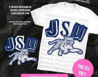 May include: White t-shirt with a blue and white graphic of a tiger and the letters "JSU". The words "Karma Productions" are printed repeatedly on the shirt. The image also includes the text "Instant Download" and "PNG File Only".