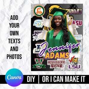 May include: A digital collage featuring a graduate in a green cap and gown, with the text "Jennifer Adams" in purple and white. The background is a collage of various college logos and text, including "PVAMU", "NASU", "Mississippi State", and "LSU".