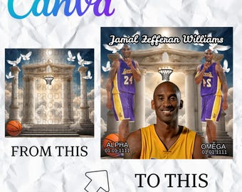 May include: A digital illustration of a basketball player in a yellow and purple jersey with the number 24 on the front. The player is standing in front of a white archway with two white doves flying above. The text "Jamal Zeffenan Williams" is at the top of the image. The text "ALPHA 01.01.1111" is at the bottom left of the image. The text "OMEGA 01.01.1111" is at the bottom right of the image.