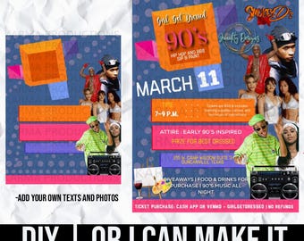 May include: A flyer for a 90's themed party with the text "Girl Get Dressed 90's" and "March 11". The flyer has a colorful design with images of people from the 1990s. The event is at 7-9 p.m. and includes a prize for best dressed.