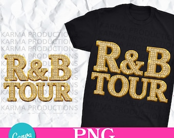 May include: A black t-shirt featuring the text R&B TOUR in a gold, diamond-encrusted style font. The same gold text appears separately to the left of the shirt. The background is white with a crumpled paper texture and repeating watermark text.