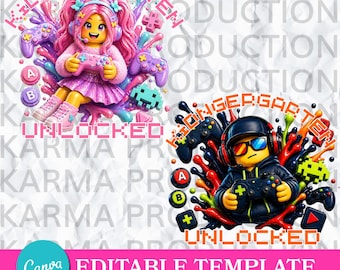 May include: Two digital illustrations featuring stylized block-figure characters playing video games. One character has pink hair and a pink outfit, the other wears a dark hoodie and 3D glasses. Both are surrounded by colorful paint splashes, game controllers, and the text "KINDERGARTEN UNLOCKED".