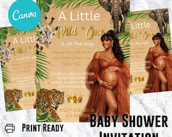 May include: Baby shower invitation with a jungle theme. The invitation features a pregnant woman in a brown dress, elephants, giraffes, and tigers. The text reads "A Little Wild One is on the way" and includes event details.
