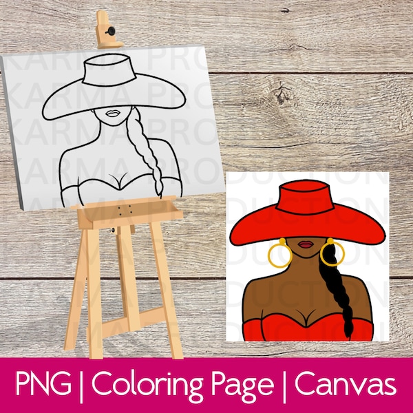 Sip and Paint | Lady Wearing Red Hat | Pre-Drawn | Coloring | Activity | Sheet | Cricut | Silhouette | Cut File|  PNG