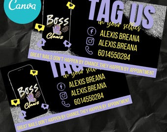 May include: Black business card template with the text "Boss Claws" and a phone graphic. The card includes social media handles and a phone number. The text "Tag Us in your selfies" is also present.