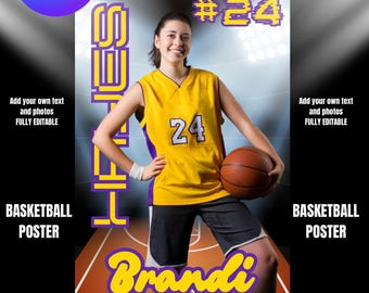 May include: A basketball poster featuring a girl in a yellow and purple basketball uniform holding a basketball. The poster has the text "#24" and "Brandi" on it. The poster is on a basketball court background. The text "DIY OR I CAN CUSTOMIZE" is at the bottom of the poster.
