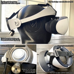 Op de afbeelding: Witte VR-headset met een zwart-witte hoofdband. De hoofdband heeft een ingebouwde kabelbevestiging en een 1/4-inch gat voor optionele gimbal-tegengewichten. De headset heeft een afneembare voorste gesp en een clip-on ontwerp.