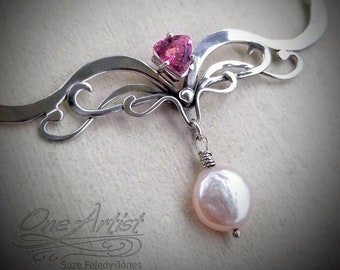 Pink Luna Necklace, Pink Sapphire & Biwa Coin Pearl, Sterling Silver