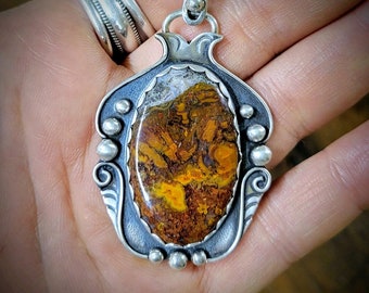 Plume Agate Pendant w/Cutwork back, sterling and fine silver, autumn hues