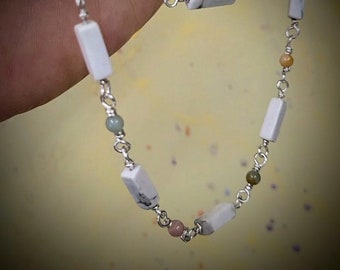 Howlite & Amazonite Beaded Chain, silver, handmade, pastel, white, gray