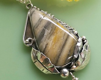 Zebra Jasper Pendant, Sterling Silver, leaves, yellow, grey, white, bumble bee jasper