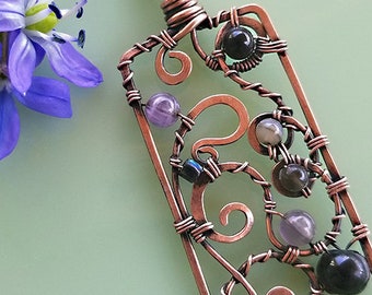 Swirl of Gems Pendant, Copper, wirewrap, gemstone, amethyst, black onyx