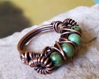 African Turquoise Ring, copper, wire wrap, boho, stacker