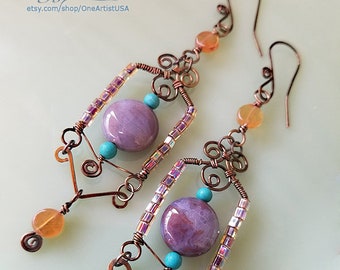 Lavender Jasper Dangle Earrings, Bronze wire wrap, carnelian, turquoise