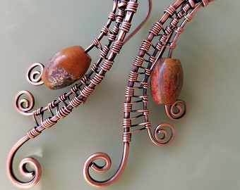 Rustic Wave Earrings, Picasso Jasper, copper wireweave, wire wrap, dangle, drop earrings