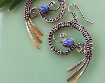 Blue Sodalite, Paisley Earrings, hand forged copper wire weave