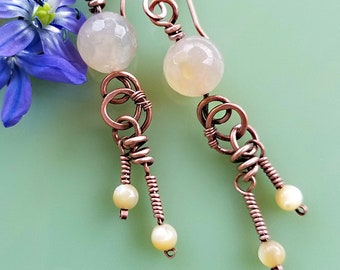 Peach Chalcedony Dangle Earrings, mother of pearl, hand forged copper wirewrap, neutral, buff