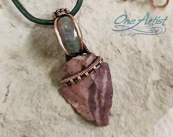 Jasper Arrowhead Pendant, Moss Agate, copper wire-weave