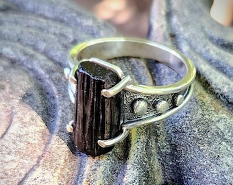 Raw Black Tourmaline Studded Ring