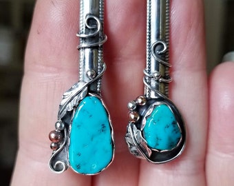 Turquoise Mismatched Earrings, Pilot Mountain Turquoise, Sterling silver, rose gold