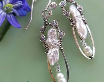 Keishi Pearl Earrings, sterling silver, crystal