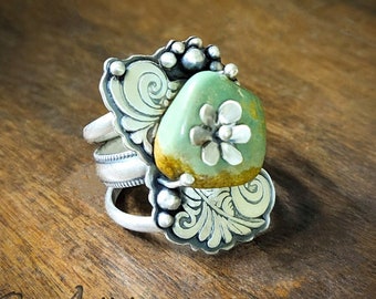 Summer Ring, Nevada turquoise, sterling silver, flower, floral