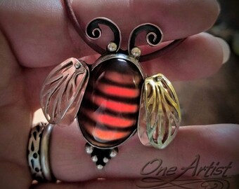 Bee Happy, Baltic Amber Pendant, sterling silver, copper