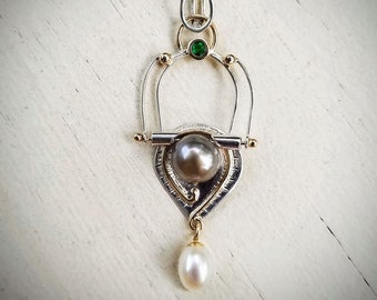 Mixed Metal Cultured Pearl & Emerald Pendant