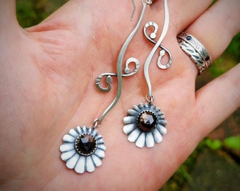 Golden Obsidian Stylized Flower Earrings