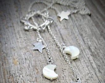 Starry Sky Lariat Necklace, sterling silver, Mother of pearl