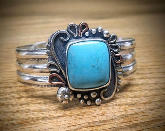 Turquoise Cuff Bracelet, Pilot Mountain Turquoise, floral, sterling silver, mixed metals