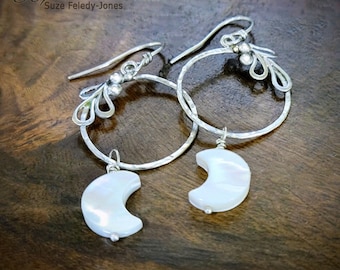 Crescent Moon Hoops, sterling silver, mother of pearl