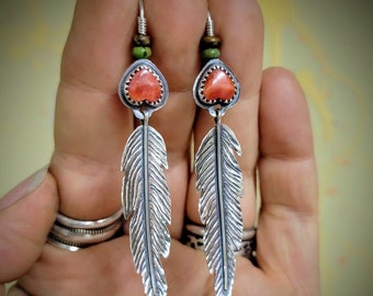 Silver Feather Earrings, Spiney Oyster, Turquoise