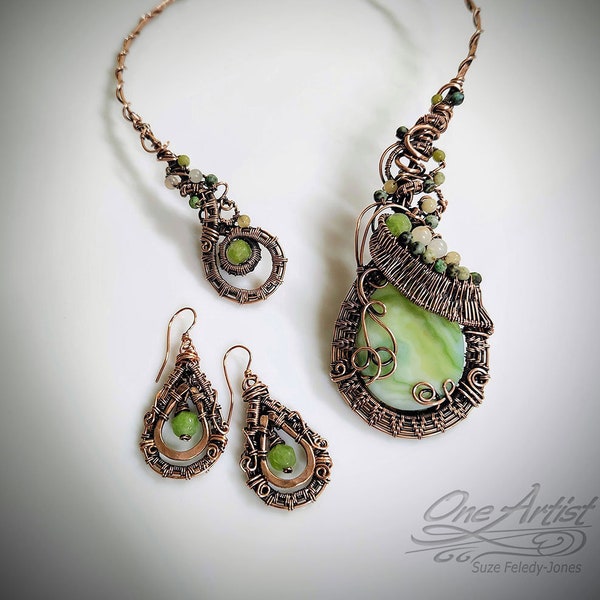 Green Onyx & Olivine Celtic Viking Torc Necklace, earrings set, copper wire weave