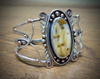 Polka-Dot Jasper Bracelet, Art Nouveau, natural, neutral, sterling silver