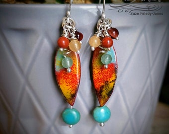 Painterly, Color Splatter, vitreous enamel earrings, with gemstones