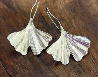 Ginkgo Leaf Earrings, fine silver