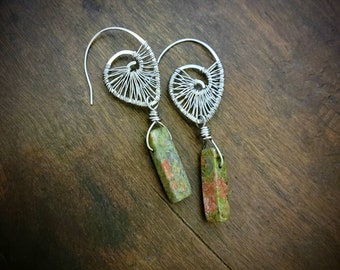 Wired Earrings, Unakite