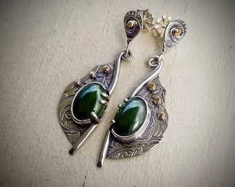 Nephrite Jade Earrings, 14k gold, sterling silver